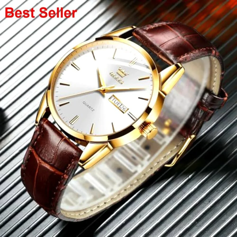 Men's Leather Watch Stainless Steel Analog Day Date Waterproof Luminous